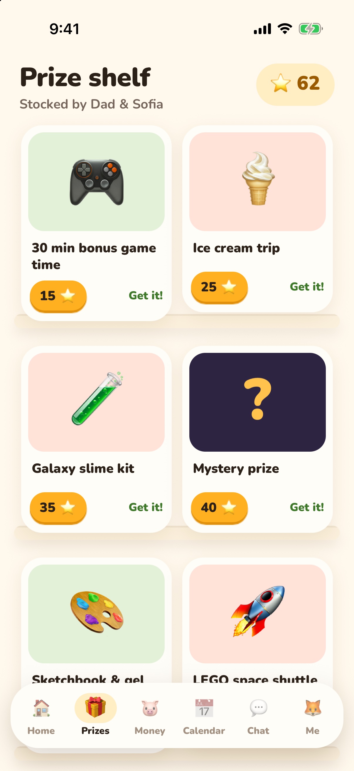 Prize shelf - spend stars on prizes