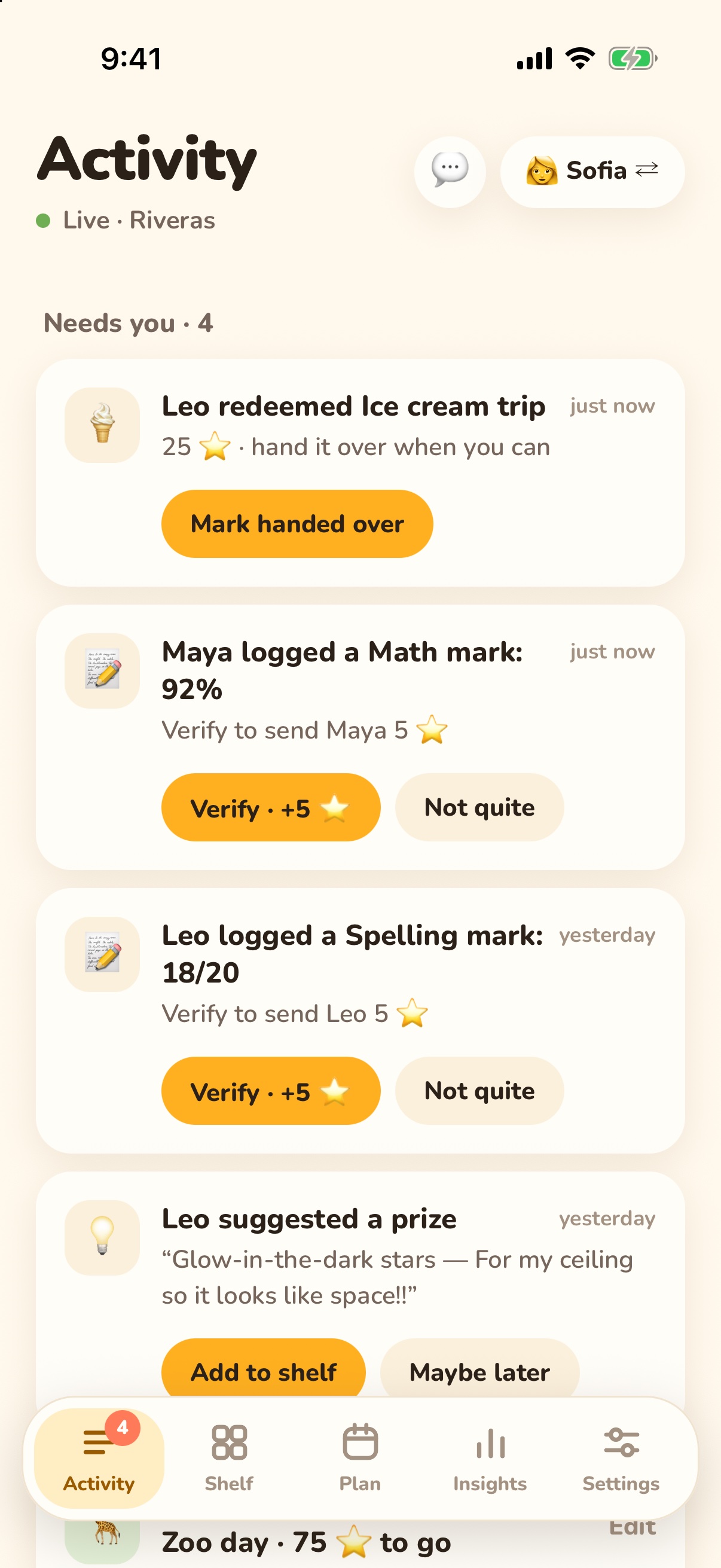 Parent view - activity feed