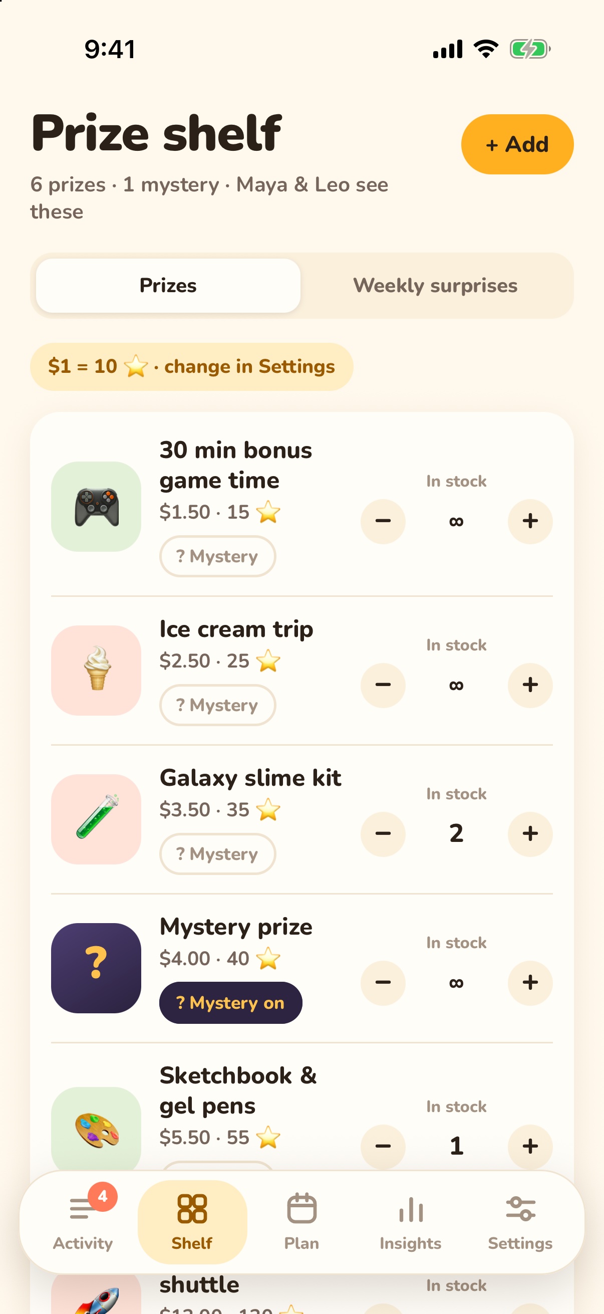 Parent view - manage prize shelf